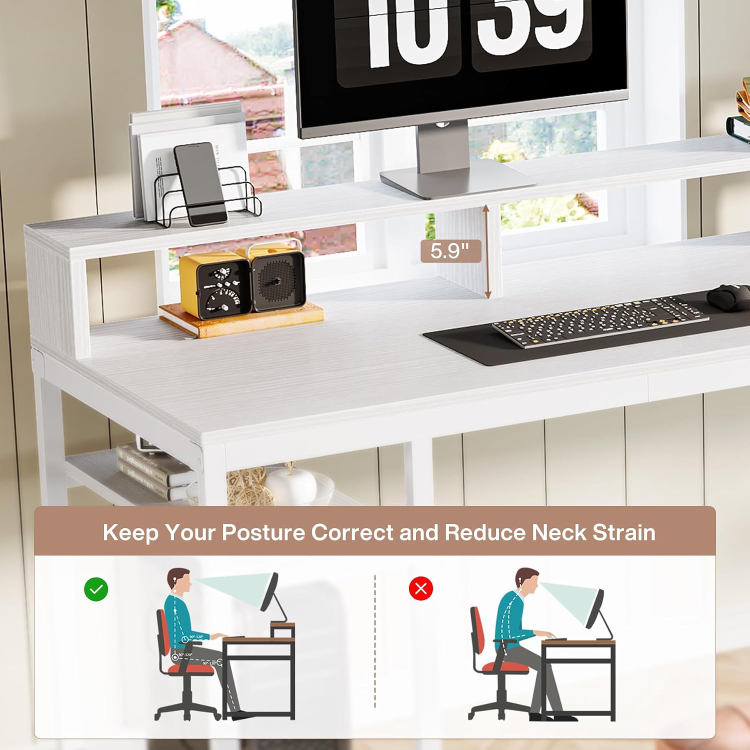 Tribesigns 78.74 Inches Extra Long Two-Person Desk, Double Computer Desk with Monitor Stand and Storage Shelves, Study Work Table for Home Office (White)