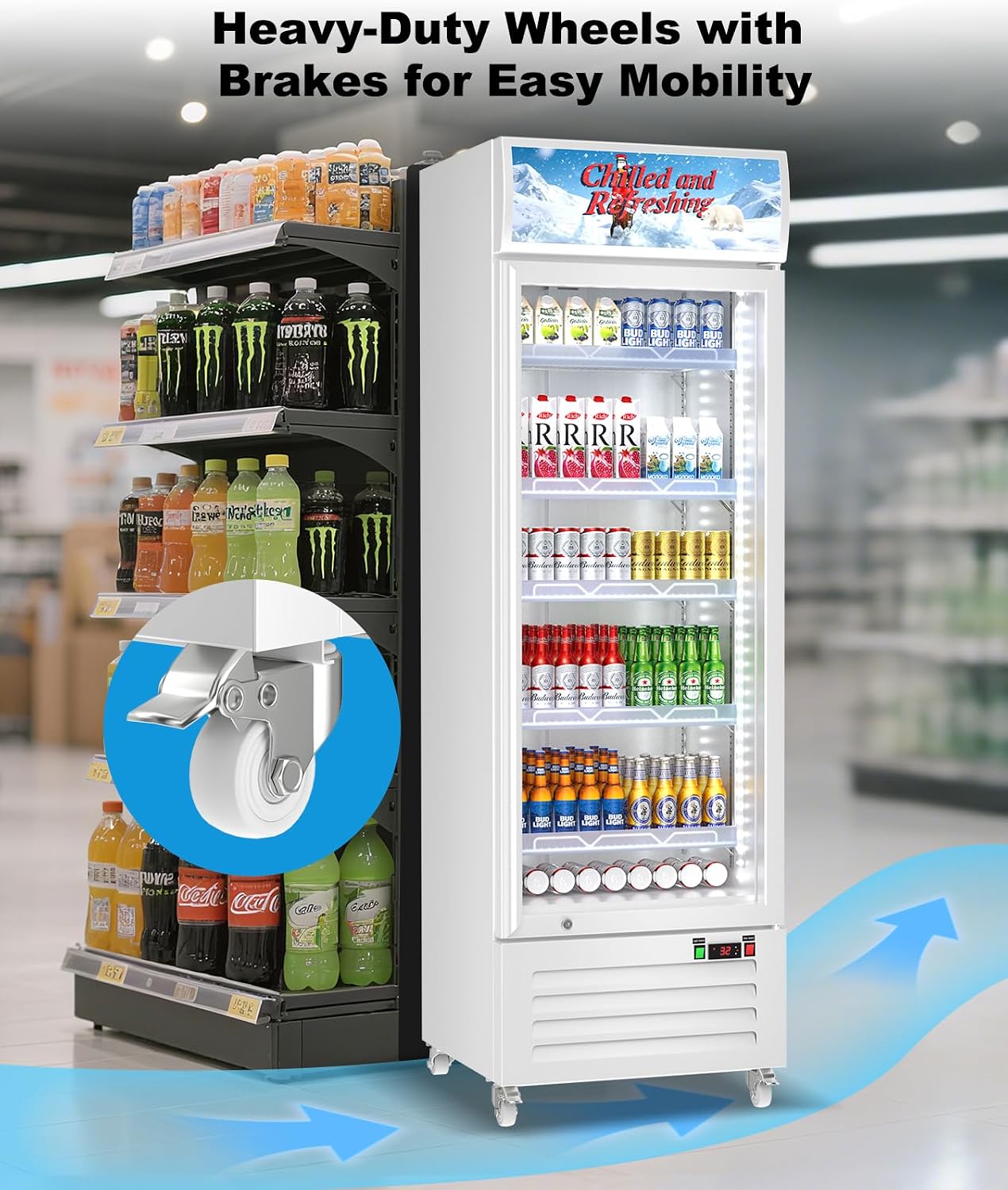 Tylza Commercial Refrigerator with Glass Door Display Beverage Fridge, 13.52 Cu Ft Upright Beverage Cooler Merchandiser with Rebound Door, Fast Cooling, Low Noise, White