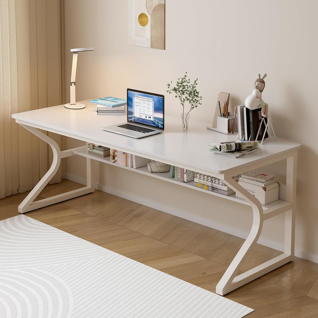 OSCHF Extra Long Desk with Bookshelf - 63' Double Long Writing Table for 2-Person Workstation, Modern Study Work Computer Desk for Home and Office, Warm White