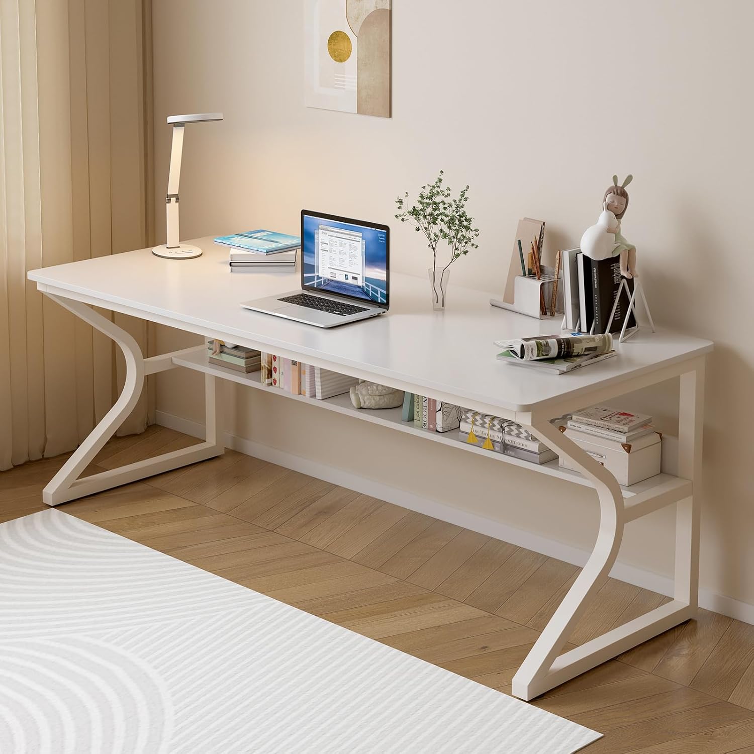 OSCHF Extra Long Desk with Bookshelf - 63' Double Long Writing Table for 2-Person Workstation, Modern Study Work Computer Desk for Home and Office, Warm White