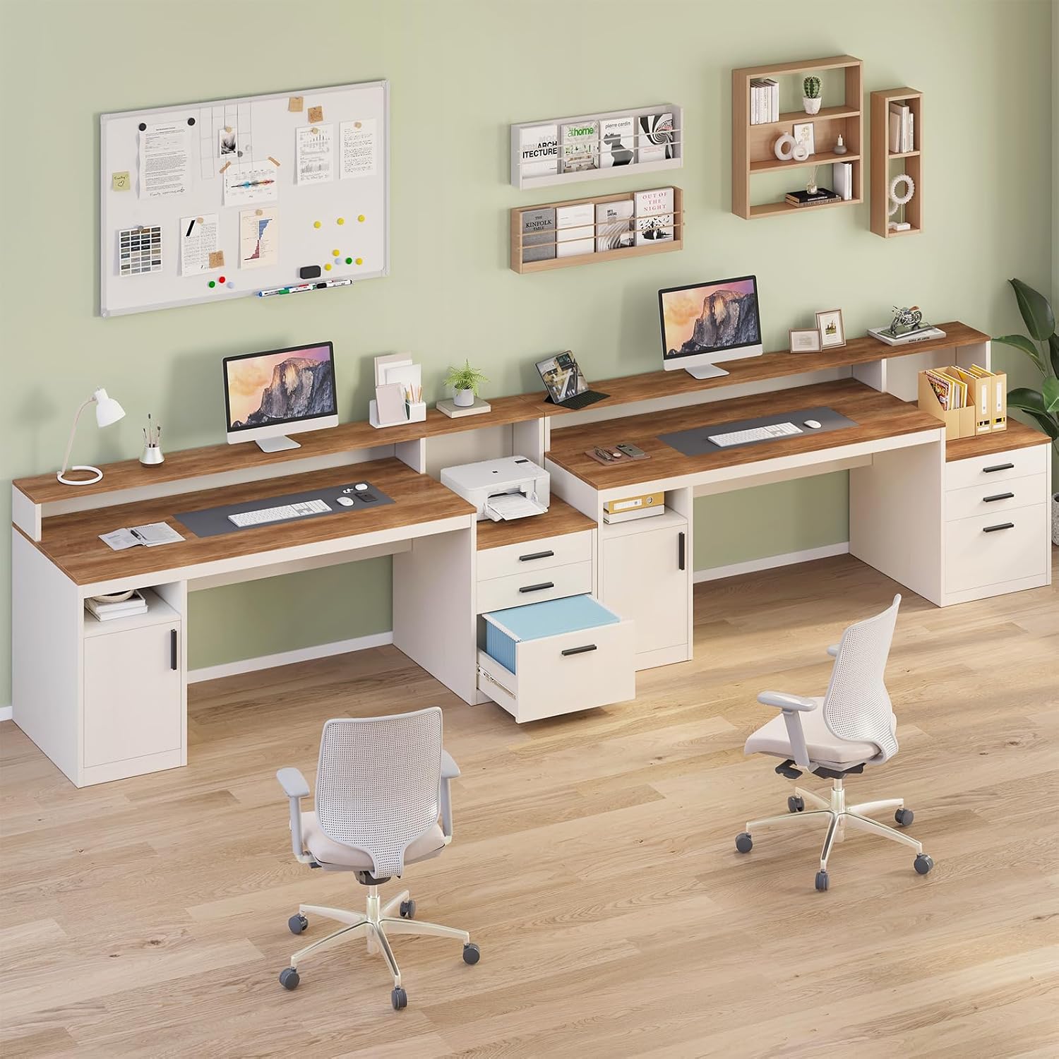 YOMILUVE 65 Inch Computer Desk with 3 Drawers & Storage Shelves, Executive Desk with File Drawer & Cabinet, Home Office Desk with Long Monitor Stand & Printer Shelf, Antique White