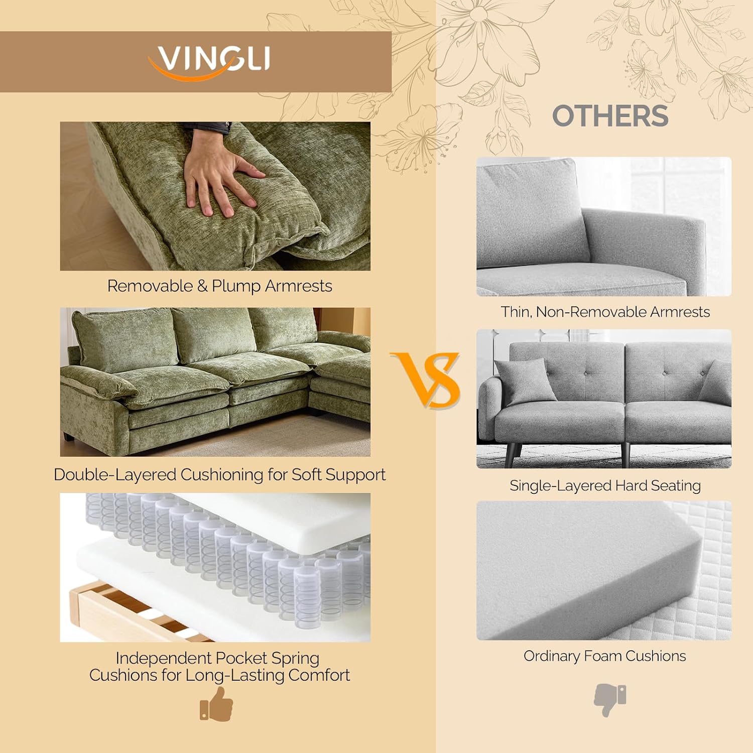 VINGLI 122' Cloud Double-Layer Deep Convertible Sectional Sofa, Comfy L-Shape 3-Seat Couches for Living Room, Modern Couch with Movable Ottoman for Small Space, Olive Green, Chenille