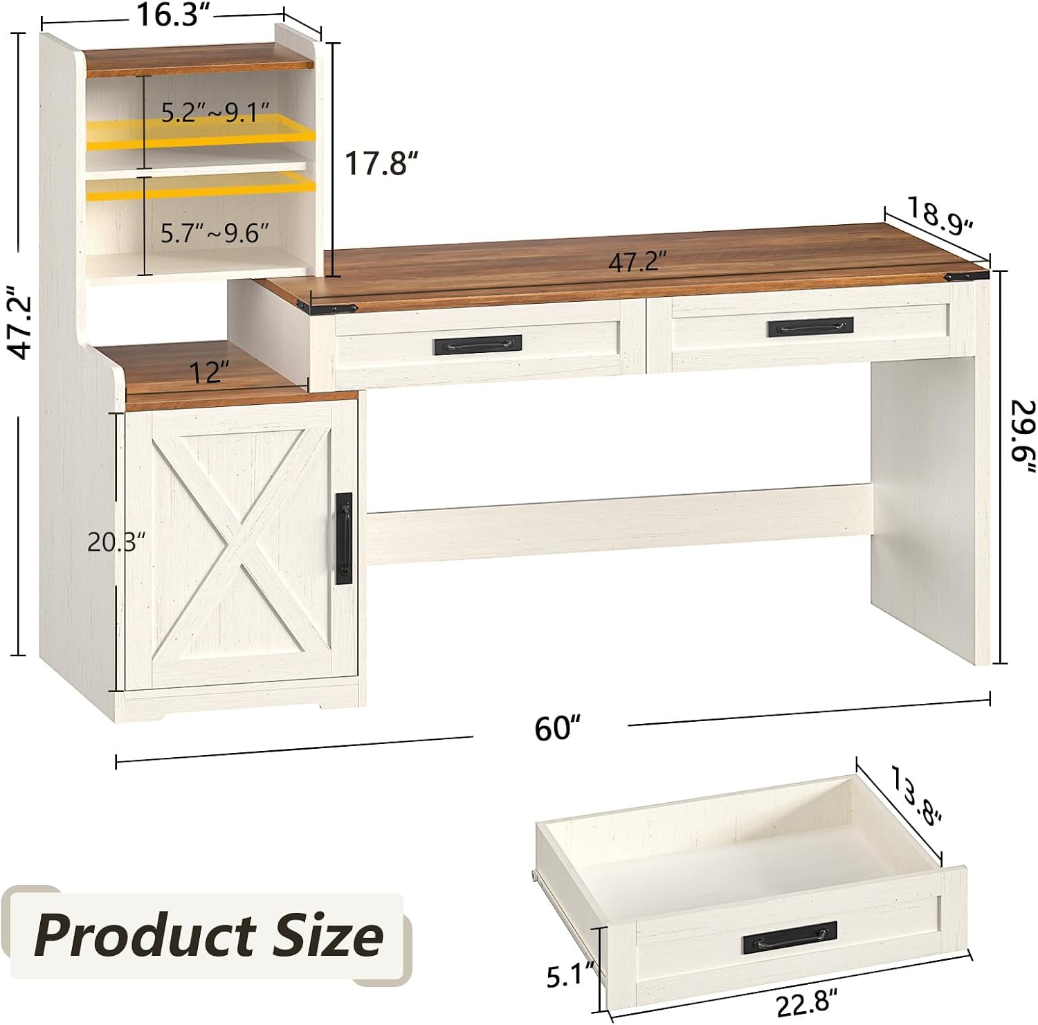 YOMILUVE 60'' Farmhouse Computer Desk with Drawers, Home Office Desk with Bookcase, Vanity Desk Writing Study Table with Storage, Antique White