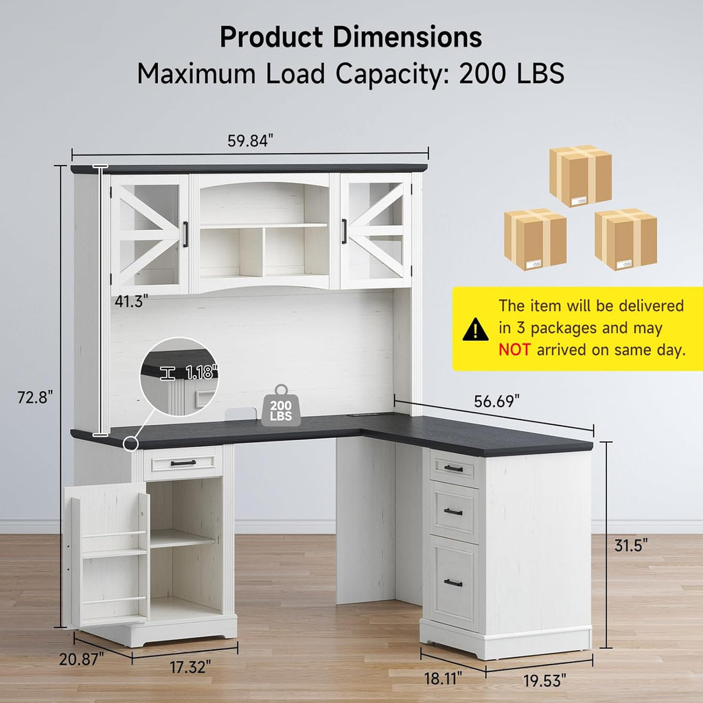 ONBRILL 72' L-Shaped Executive Desk with Hutch, Farmhouse L-Shaped Computer Desk with 4 Drawers, File Drawer and Power Outlet, Home Office Computer Desk for Living Room,Study Room (Off White& Black)
