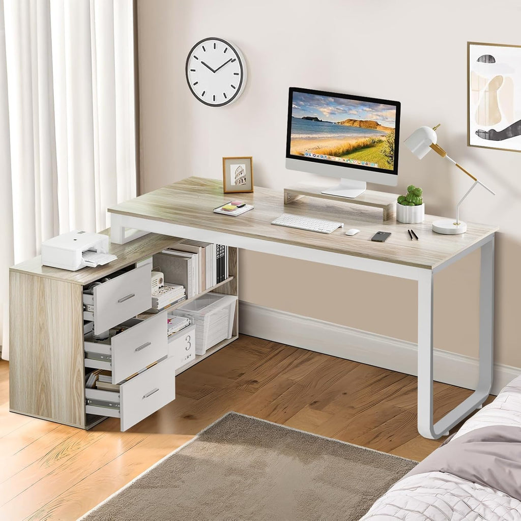 MaverickFurni 55' L Shaped Desk with Drawers and Shelves, Home Office Desk with Monitor Stand for Work Writing Study, Reversible Corner Desk with Storage, White and Walnut