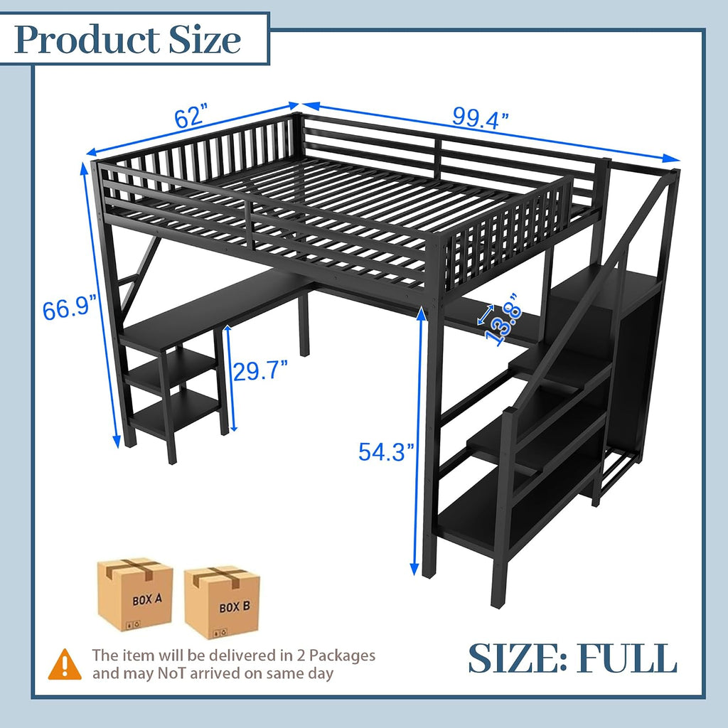Full Size Loft Bed with Desk & Stairs, Metal Loft Bed Frame with Storage Shelves, Charging Station & LED Light, Gaming Loft Beds with Wardrobe for Kids Teens Adults, Black