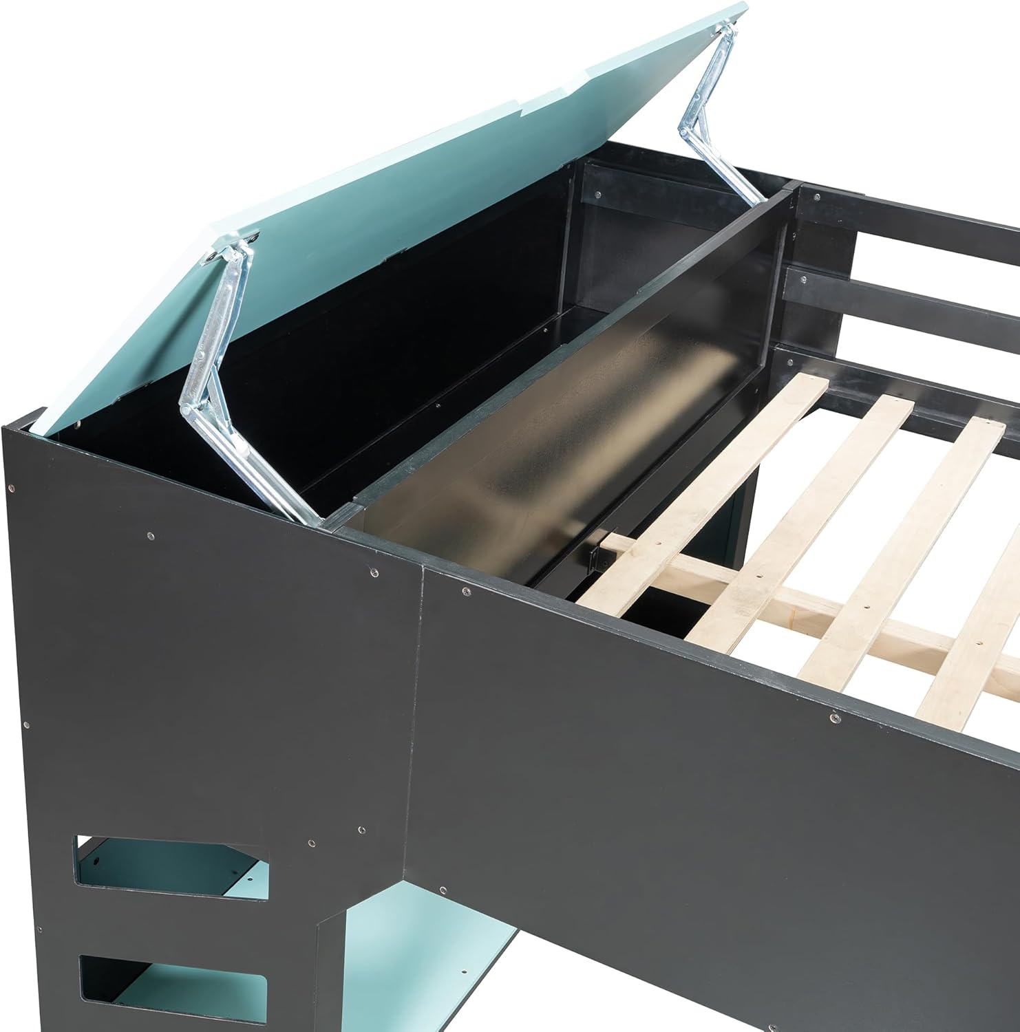 Merax Wood Loft Bed with Height-Adjustable Desk,Drawers,Storage Compartments,Hanging Rod and RGB Lights, Full Size, Blue