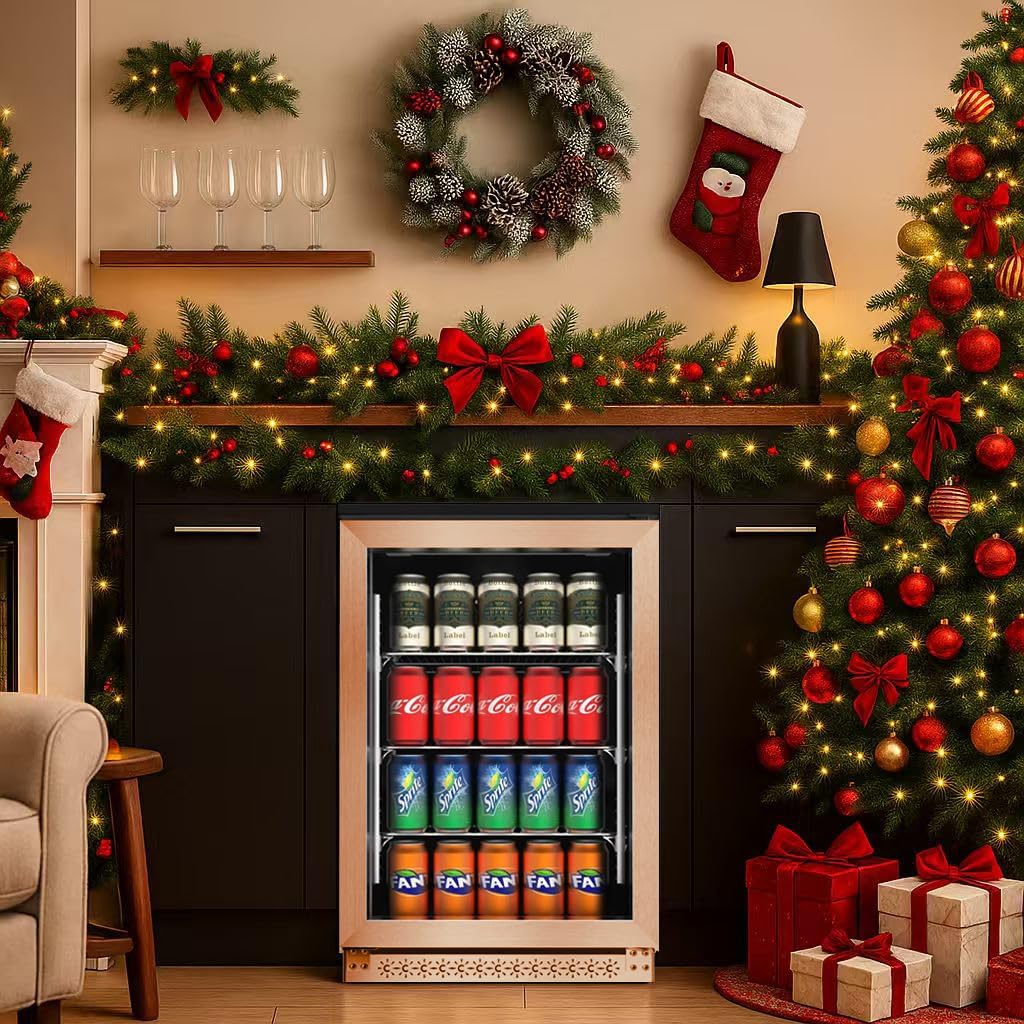 20 Inch Under Counter Beverage Fridge with Glass Door, Beverage Refrigerator Cooler 120 Can,Built in or Freestanding,Fast Cooling,Quiet ≤39 dBs,Blue LED Light Cooler for Bar, Home, Office
