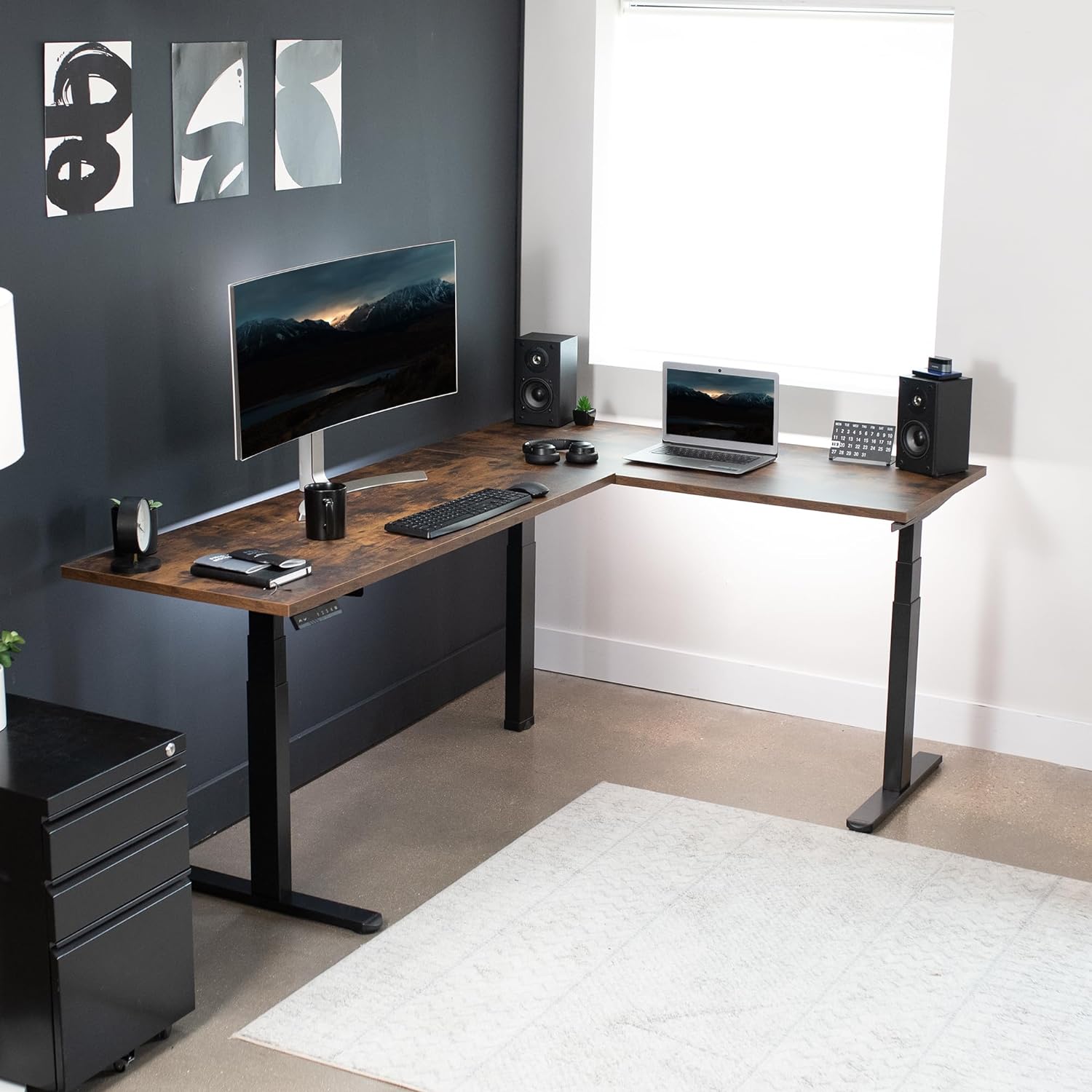 VIVO Electric Triple Motor Height Adjustable 3 Leg Corner Desk Frame, up to 300lbs, Sit Stand Ergonomic L Shaped Frame Only, Black, DESK-V130EB