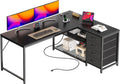 PRAISUN 53' L Shaped Desk with Power Outlets and USB-C Port, Reversible Computer Corner Office Desk with 4 Fabric Drawers and 2 Height-Adjustable Shelves, Large for Gaming Writing Work Study, Black