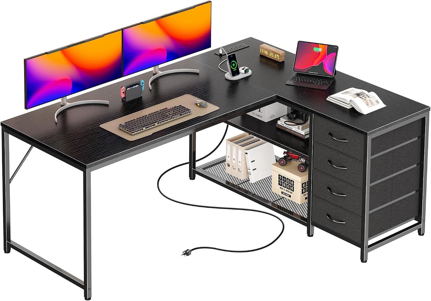 PRAISUN 53' L Shaped Desk with Power Outlets and USB-C Port, Reversible Computer Corner Office Desk with 4 Fabric Drawers and 2 Height-Adjustable Shelves, Large for Gaming Writing Work Study, Black