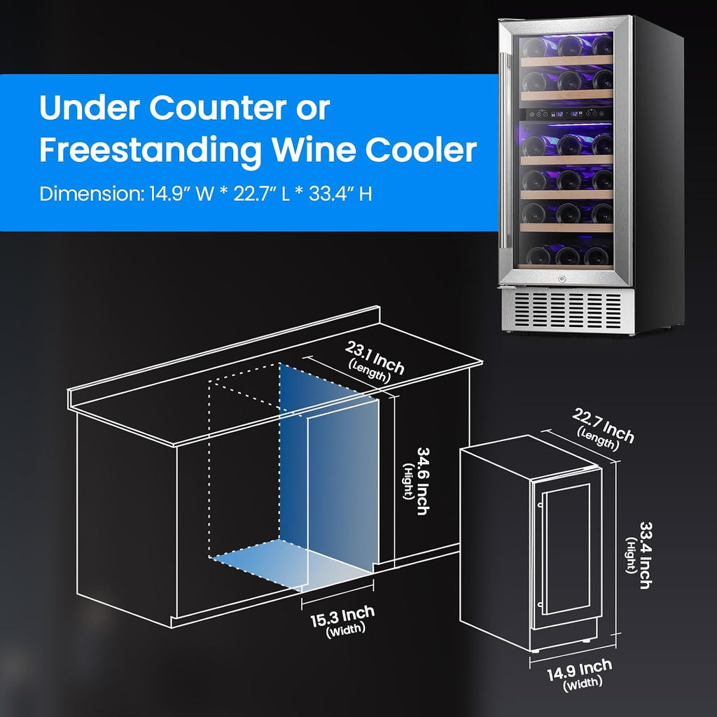 Antarctic Star Wine Fridge 15' Wine Cooler Under Counter Beverage Refrigerator Beer Mini Fridge 28 Bottles Dual Zone Built-in Freestanding Stainless Steel Double-Layer Tempered Glass Door