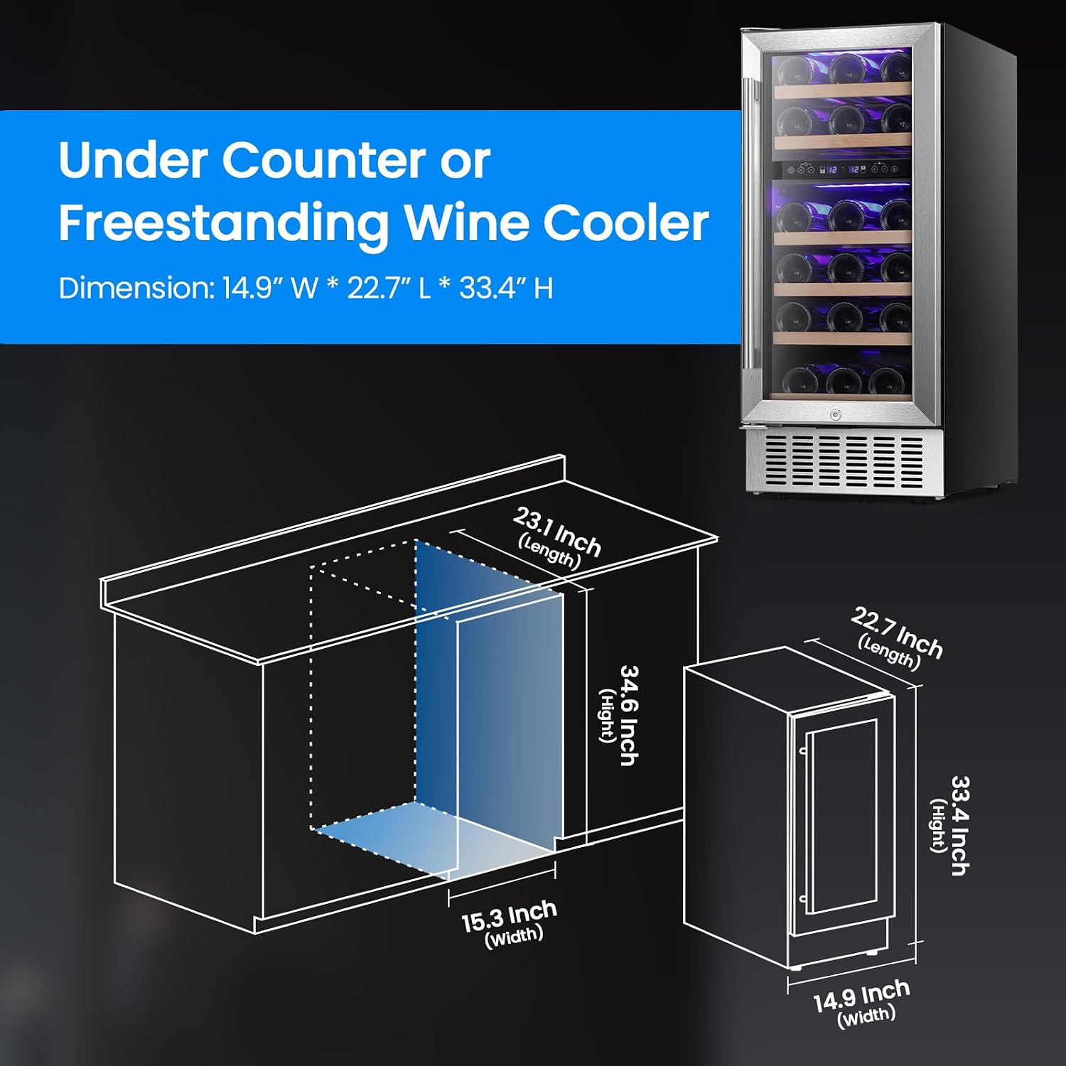 Antarctic Star Wine Fridge 15' Wine Cooler Under Counter Beverage Refrigerator Beer Mini Fridge 28 Bottles Dual Zone Built-in Freestanding Stainless Steel Double-Layer Tempered Glass Door