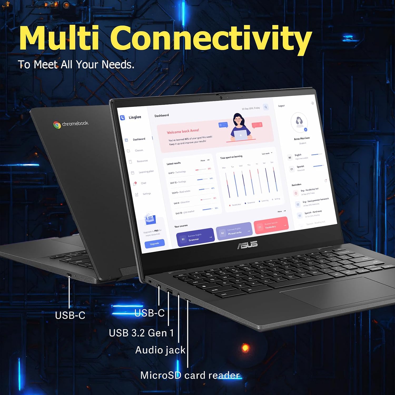 ASUS Chromebook CM1402C, 14' Full HD Laptop, MediaTek Kompanio 520, 4GB LPDDR4x-3600 MHz RAM, 64GB eMMC, Webcam, WiFi 6, Bluetooth, Chrome OS, Gravity Gray