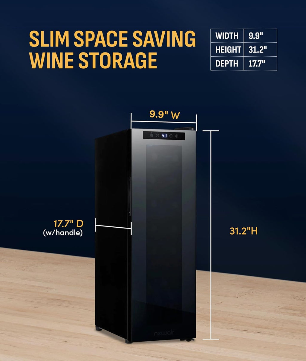NewAir 10' Wine Fridge for 12 Bottles | Freestanding Wine Cooler Refrigerator with Glass Door | Compact Countertop Storage with Precision Cooling & Quiet Operation | Black