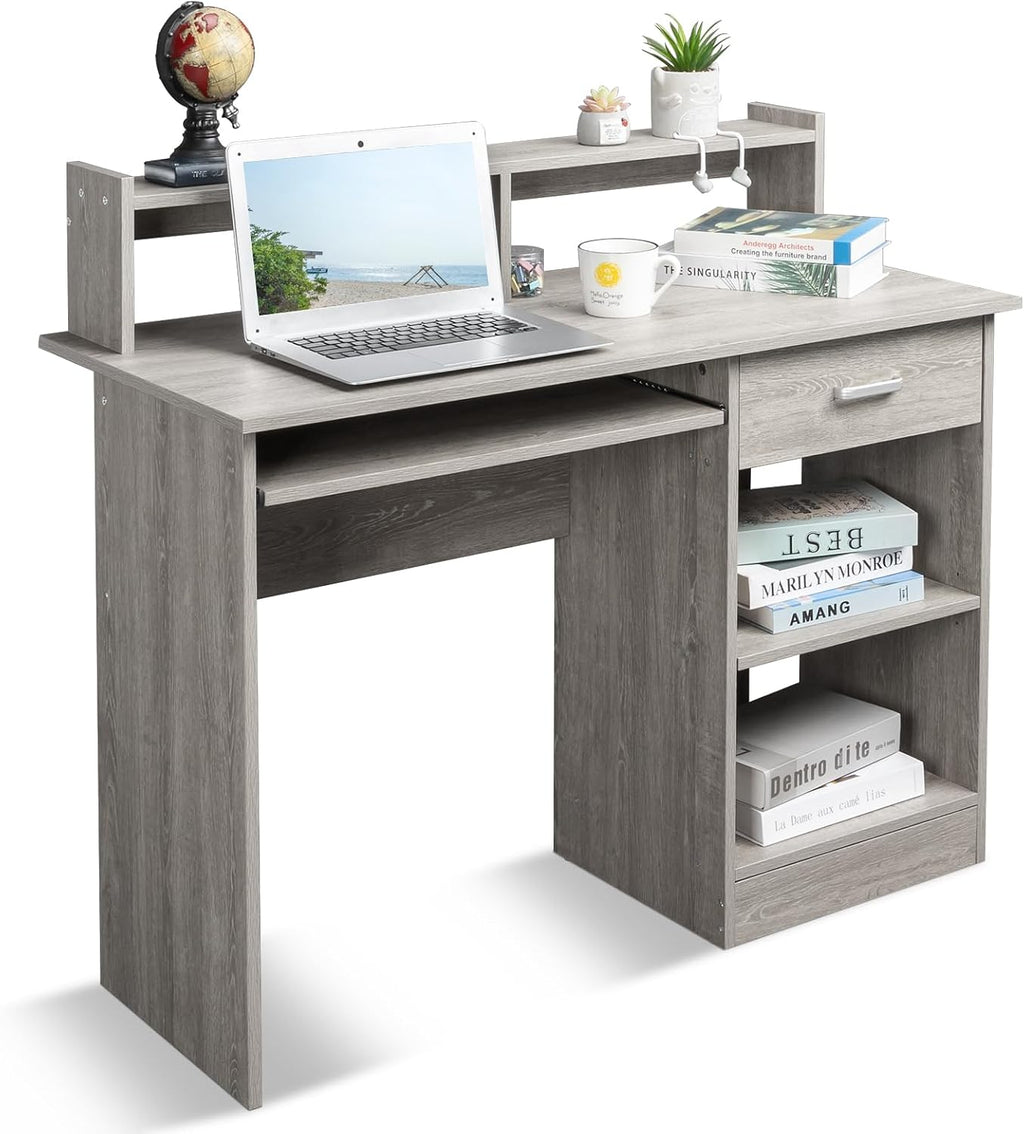Karl home Computer Desk Study Writing Desk, Wooden Home Office Workstation PC Laptop Table with Drawer Shelf Keyboard Tray, Grey
