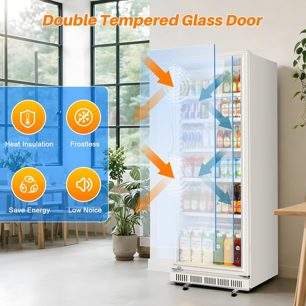 Velivi Commercial Beverage Refrigerator, 24.5' Glass Door Display Fridge, 15 Cu.Ft Beverage Cooler with 5 Adjustable Shelves, Auto Rebound Door, Low Noise, for Shops, Restaurants & Bars WHITE