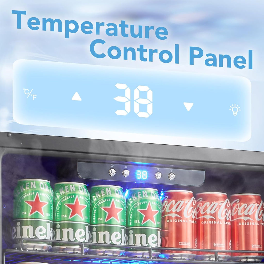 Phiestina Beverage Refrigerator 175 Cans Under Counter Beer Cooler 24 inch Quiet Built-in or Freestanding Beverage Fridge Glass Door Auto Defrost 5 Removable Shelves for Home Bar Office