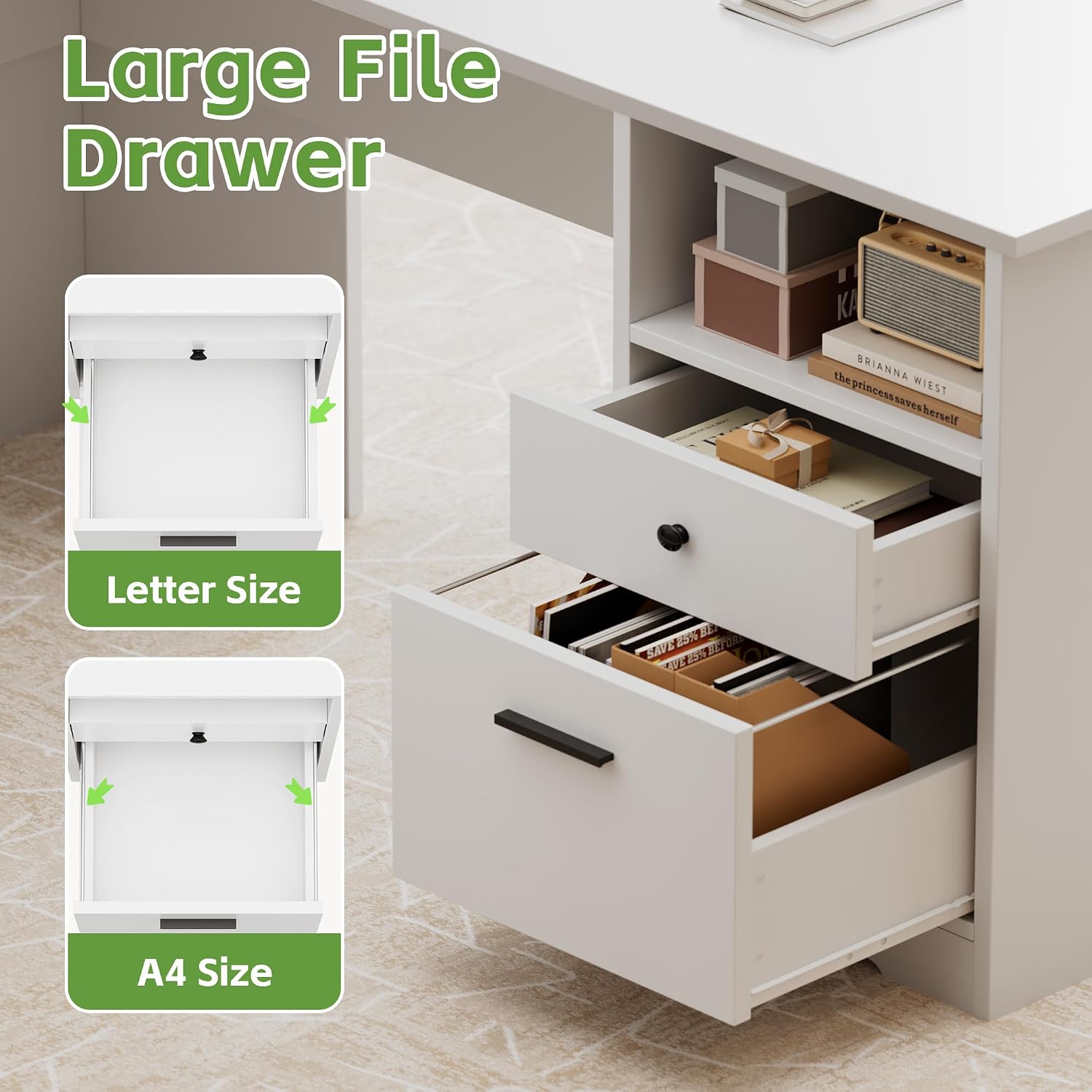 MU L Shaped Desk with File Drawer, 60 Inch Corner Desk with Storage Drawers & Cabinet, Large Home Office Table with Power Outlets, Wood Executive Office Desk, White