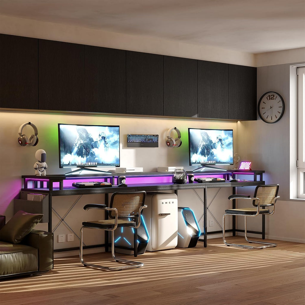 Patikuin U Shaped Desk with Power Outlets, USB Ports & RGB LED Lights, 79 Inch Large Corner Computer Desk with Monitor Stand, Reversible Gaming Desk for Home Office, Ergonomic Workstation (Black)