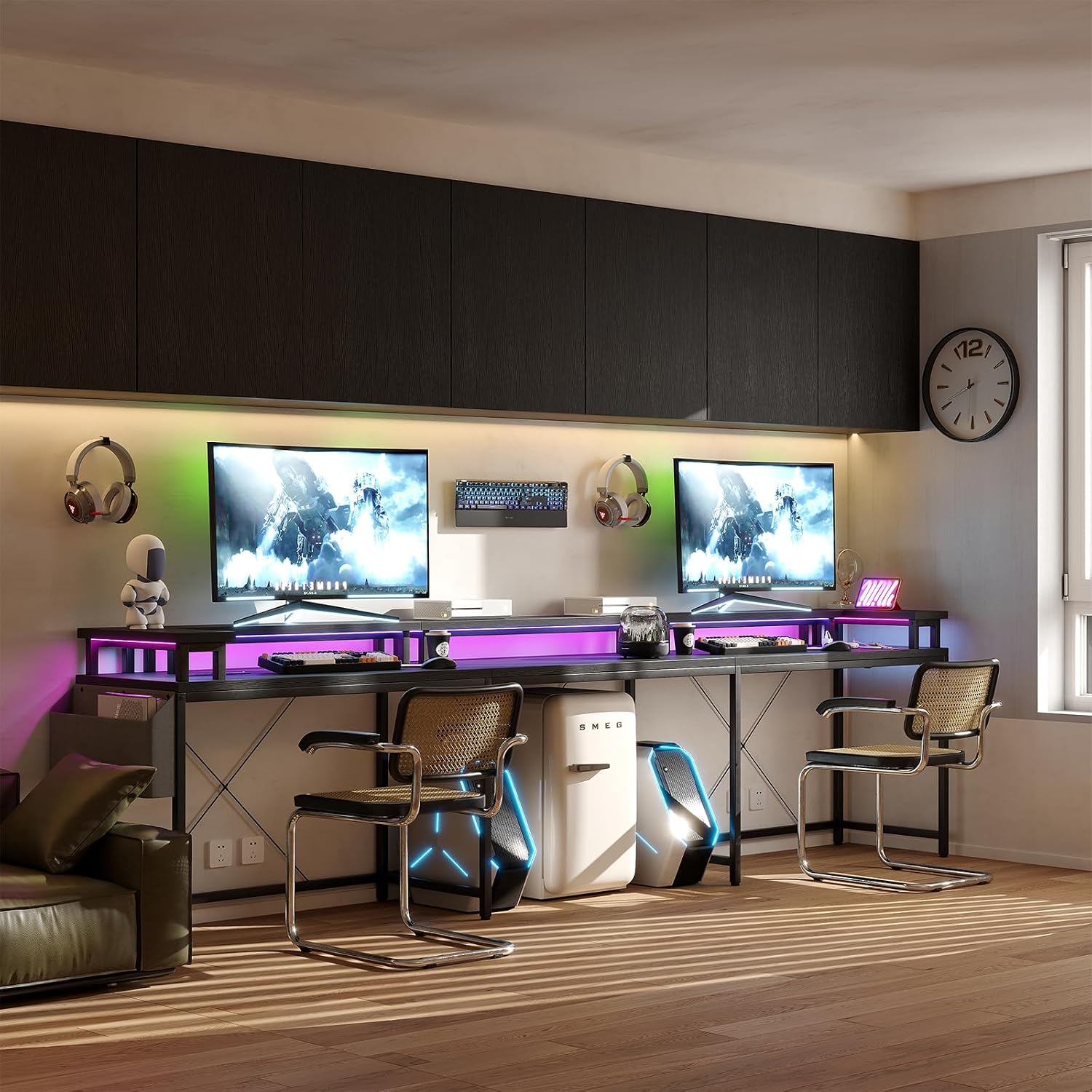 Patikuin U Shaped Desk with Power Outlets, USB Ports & RGB LED Lights, 79 Inch Large Corner Computer Desk with Monitor Stand, Reversible Gaming Desk for Home Office, Ergonomic Workstation (Black)
