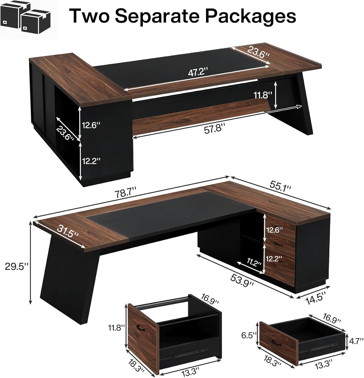 Tribesigns L-Shaped Executive Desk, 78-Inch Large Office Desk with Drawers and Lateral File Cabinet, Modern Business Furniture with Storage Shelves, Workstation for Home Office (Walnut + Black)