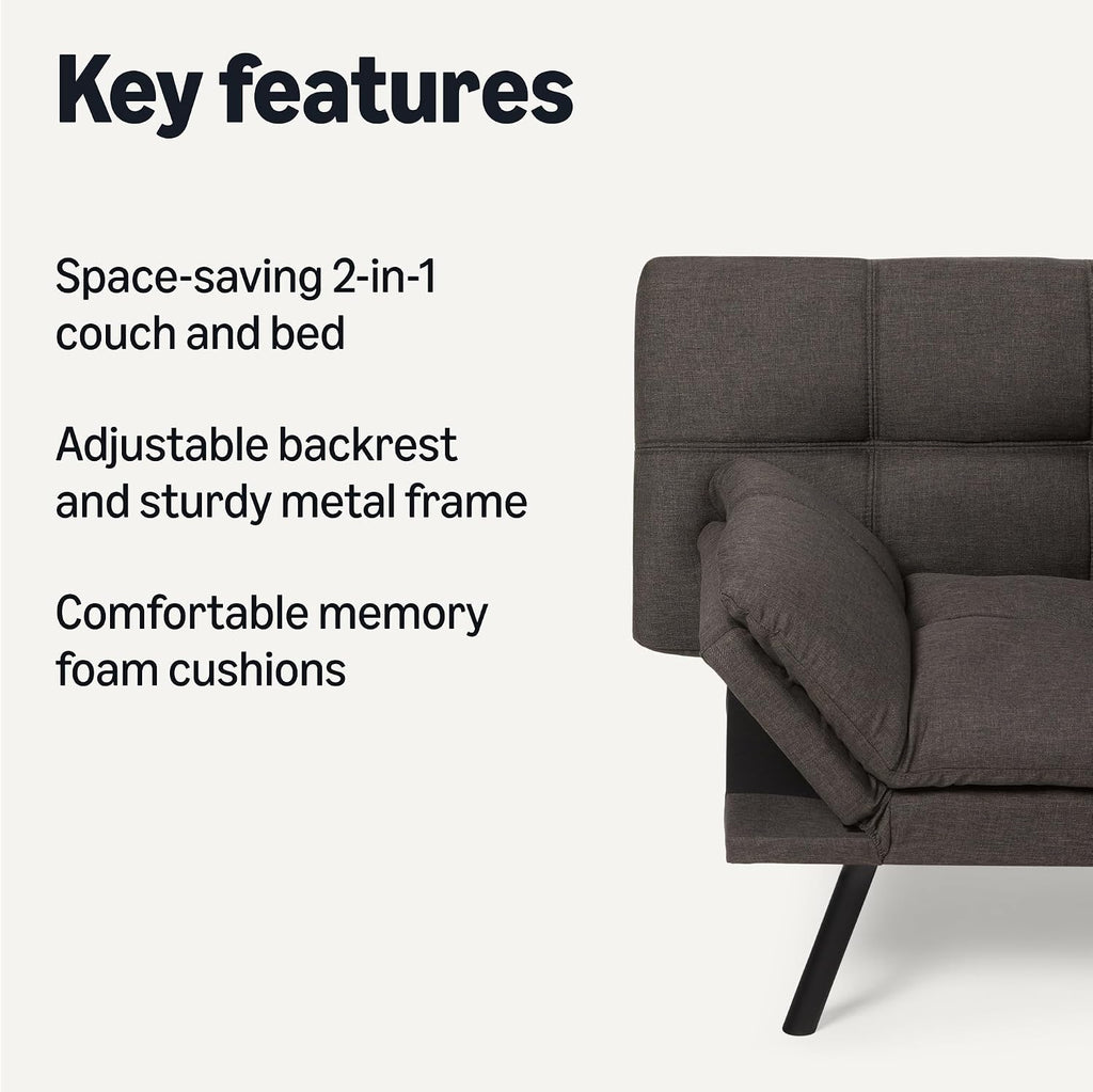 Amazon Basics Futon Sofa Bed, Convertible Memory Foam Sofa Couch with Adjustable Positions for Small Living Room, Office, Apartment, Dark Grey Linen Fabric