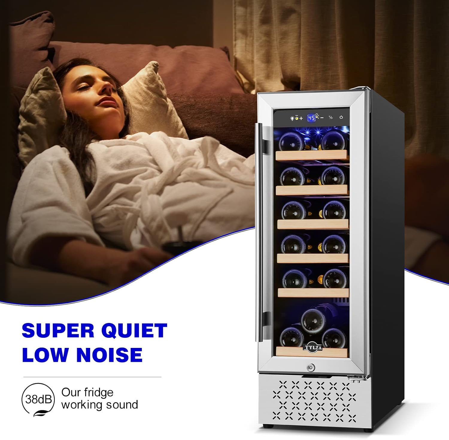 Tylza 12' Wine Cooler Refrigerator, 18 Bottles Wine Fridge Built-in or Freestanding with Stainless Steel & Double-Layer Tempered Glass Door, Compressor Fast Cooling, Low Noise and No Fog, Mini Fridge