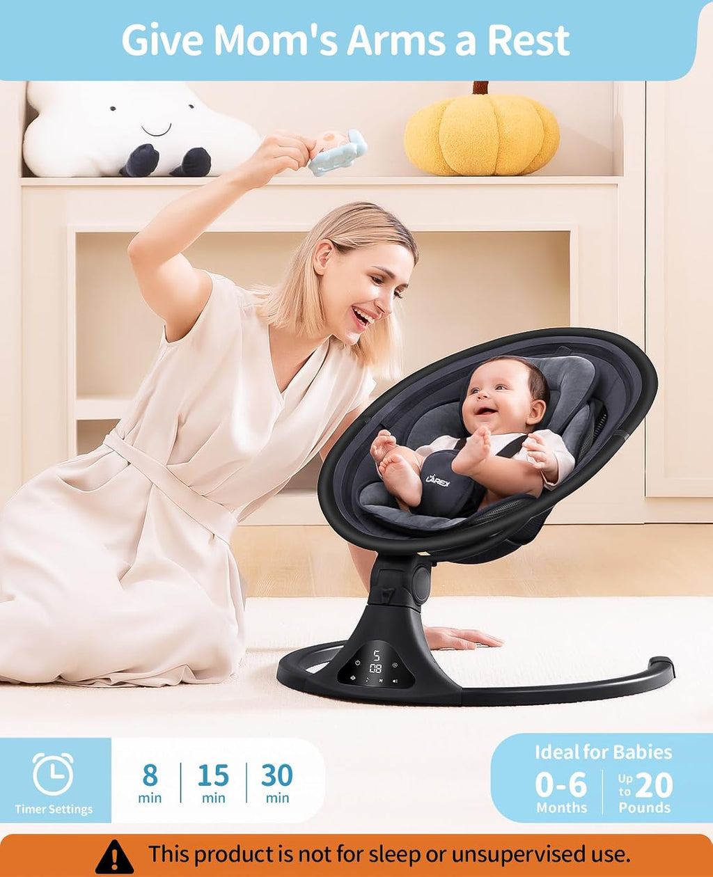 LAREX Baby Swing to Toddler Electric Infant Swing Portable for Newborn Boy Girl, 5 Sway Speeds with Remote Control, 12 Preset Melodies and Bluetooth, 0-6 Months Max 20 Lbs (Modern Black)