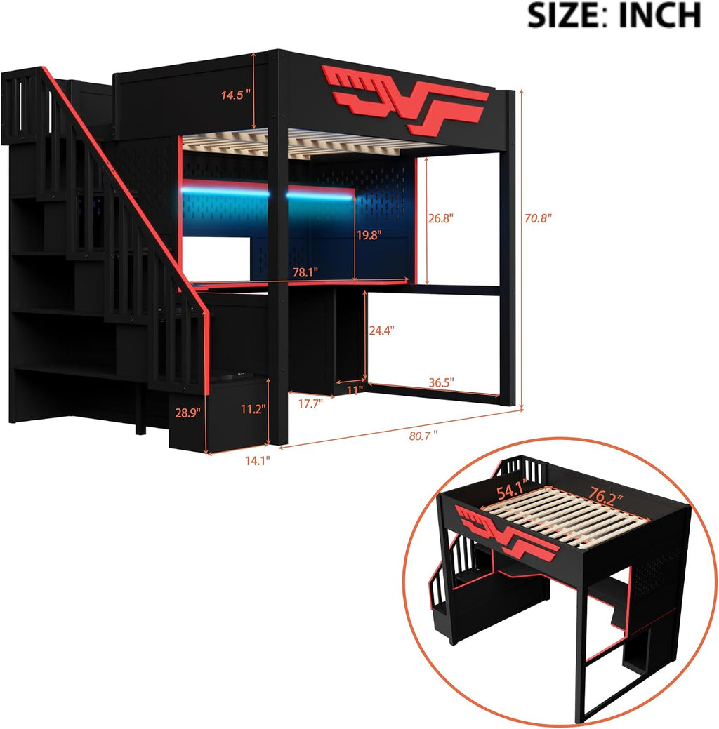 Merax Full Szie Gaming Loft Bed with Desk and Storage Staircase,LED Lights and USB, Red+Black