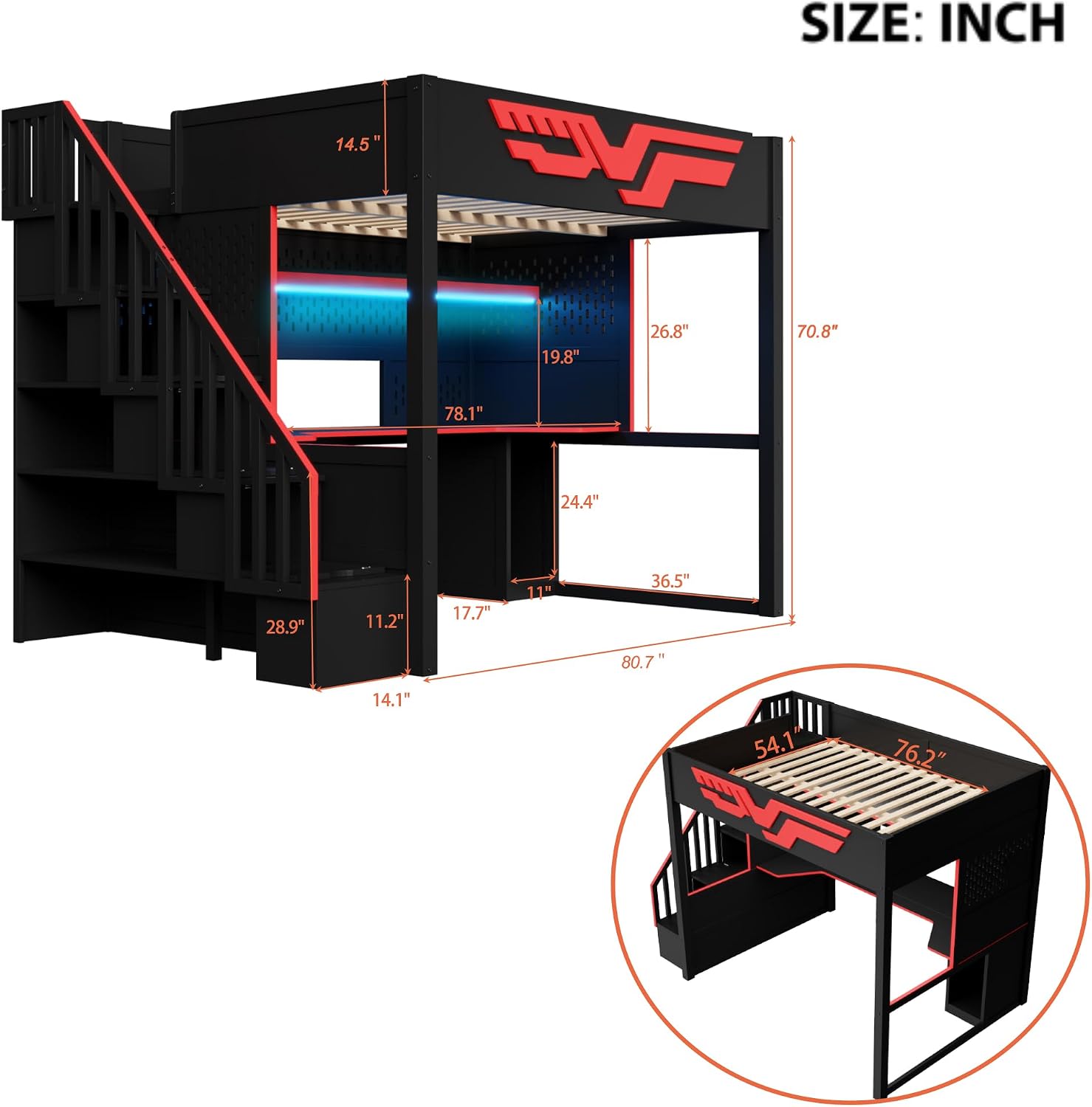 Merax Full Szie Gaming Loft Bed with Desk and Storage Staircase,LED Lights and USB, Red+Black