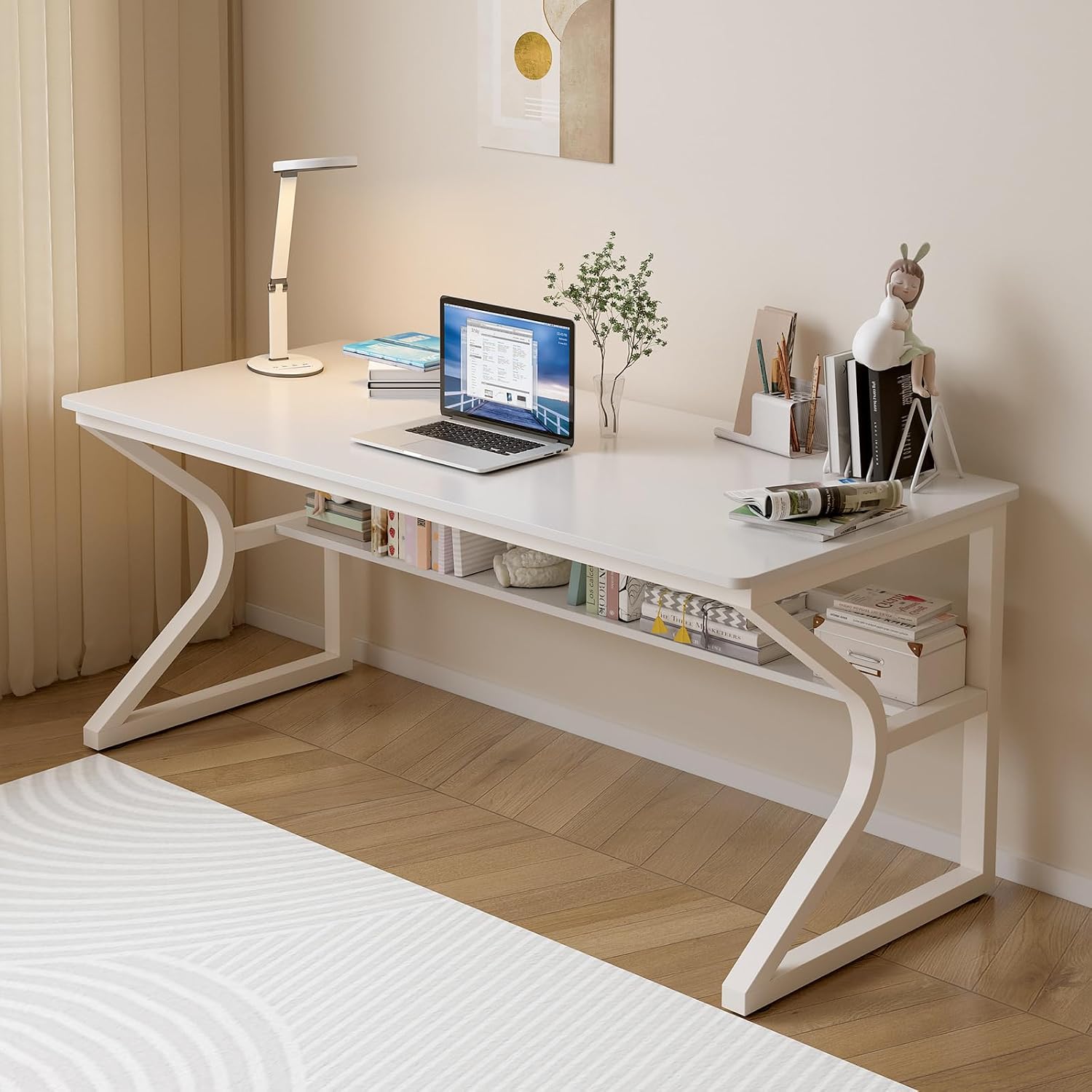 OSCHF Extra Long Desk with Bookshelf - 55' Double Long Writing Table for 2-Person Workstation, Modern Study Work Computer Desk for Home and Office, Warm White