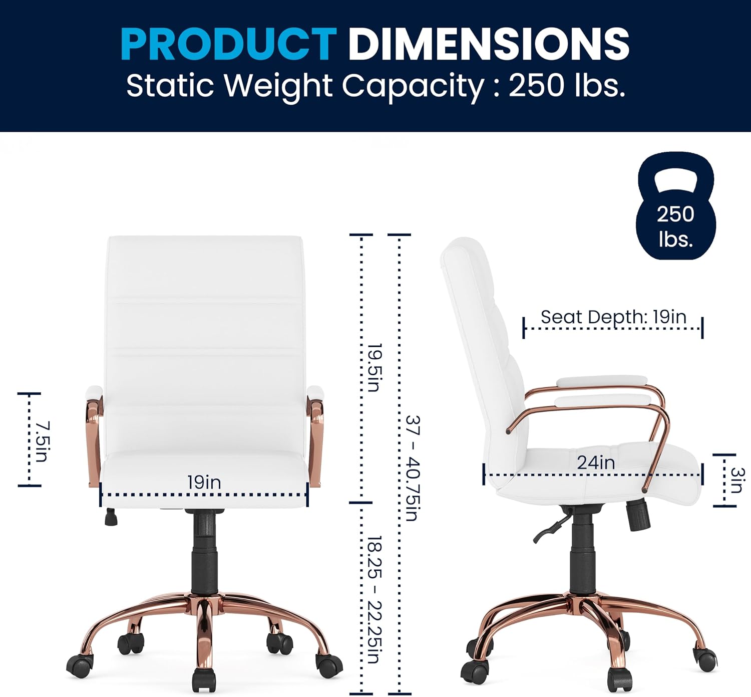 Flash Furniture Whitney Mid-Back Swivel LeatherSoft Desk Chair with Padded Seat and Armrests, Adjustable Height Padded LeatherSoft Office Chair, White/Rose Gold