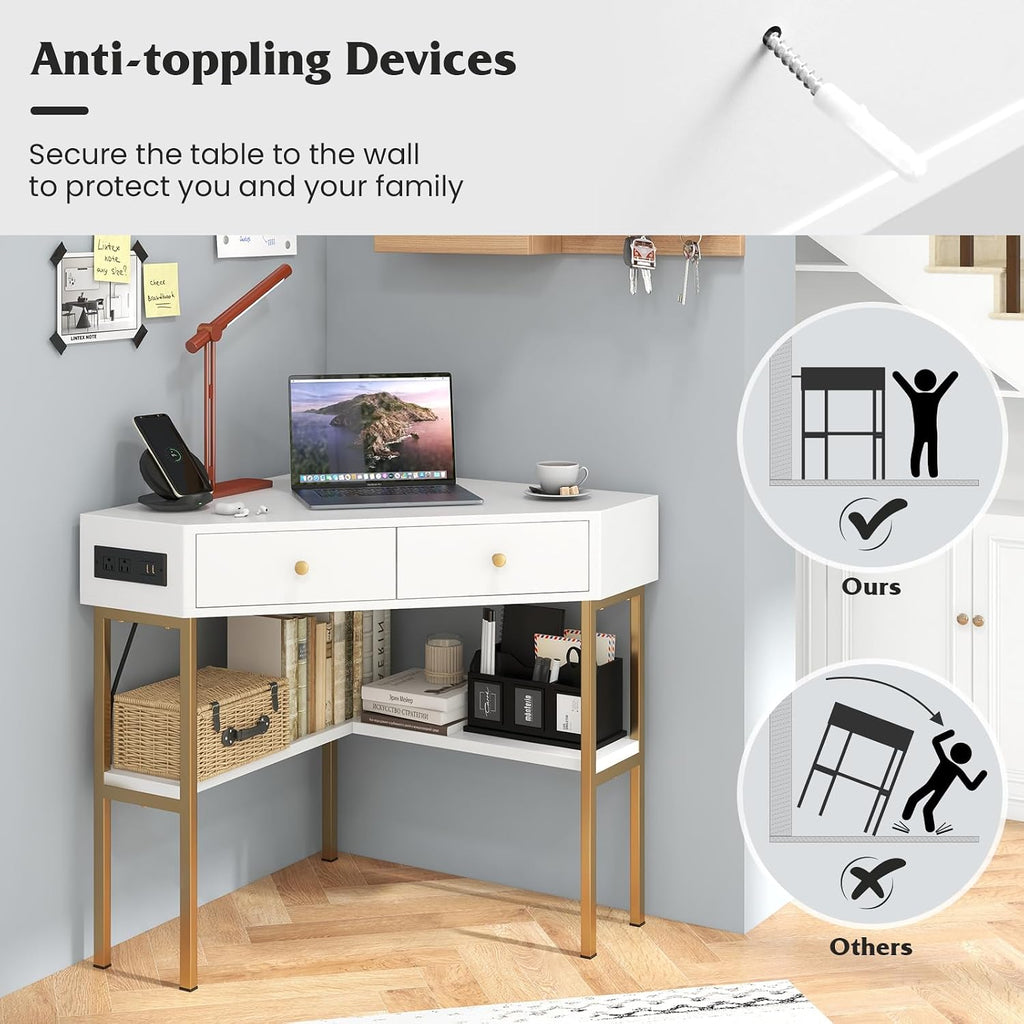 Tangkula White Corner Desk with 2 Drawers & Built-in Charging Station, 90 Degrees Triangle Computer Desk for Small Space, Bedroom Makeup Vanity Desk with Shelves, Corner Writing Desk