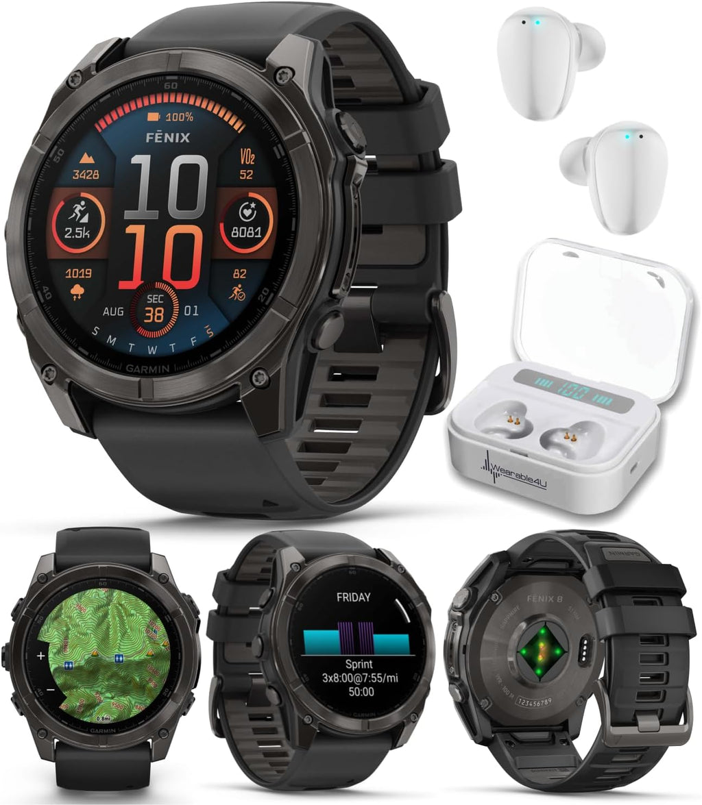 Garmin Fenix 8 51 mm, AMOLED Multisport GPS Smartwatch, Sapphire, Carbon Gray DLC Titanium with Black/Pebble Gray Silicone, Built-in LED Flashlight, Voice Control White Earbuds Bundle