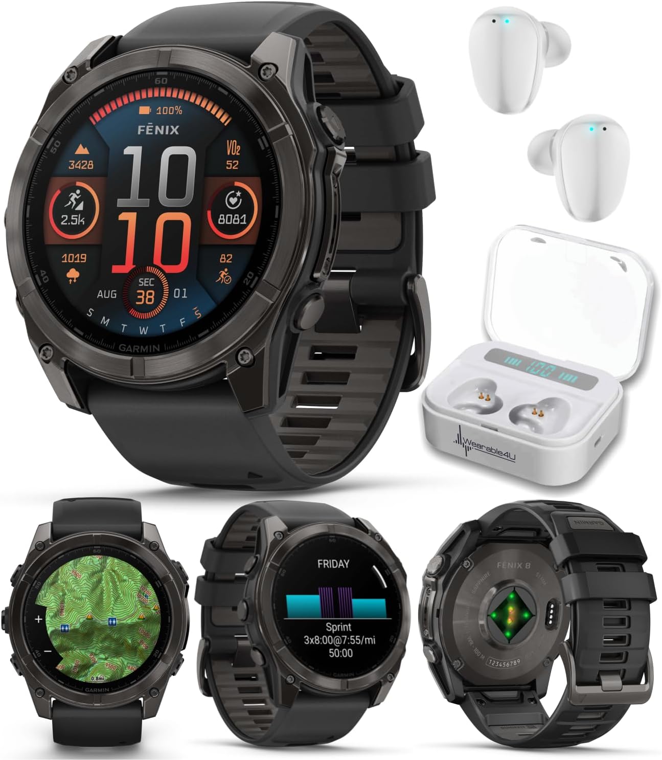 Garmin Fenix 8 51 mm, AMOLED Multisport GPS Smartwatch, Sapphire, Carbon Gray DLC Titanium with Black/Pebble Gray Silicone, Built-in LED Flashlight, Voice Control White Earbuds Bundle