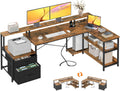 ODK 75' L Shaped Desk with File Drawers, Work from Home Office Desk with Power Outlet, Reversible Computer Desk with Storage Shelves, Gaming Desk with Monitor Shelf, Corner WFM Table, Vintage