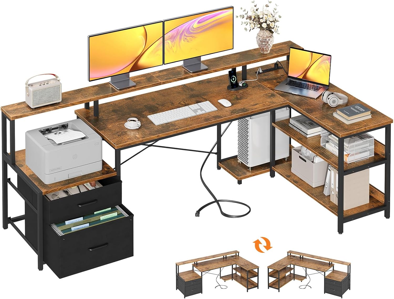 ODK 75' L Shaped Desk with File Drawers, Work from Home Office Desk with Power Outlet, Reversible Computer Desk with Storage Shelves, Gaming Desk with Monitor Shelf, Corner WFM Table, Vintage