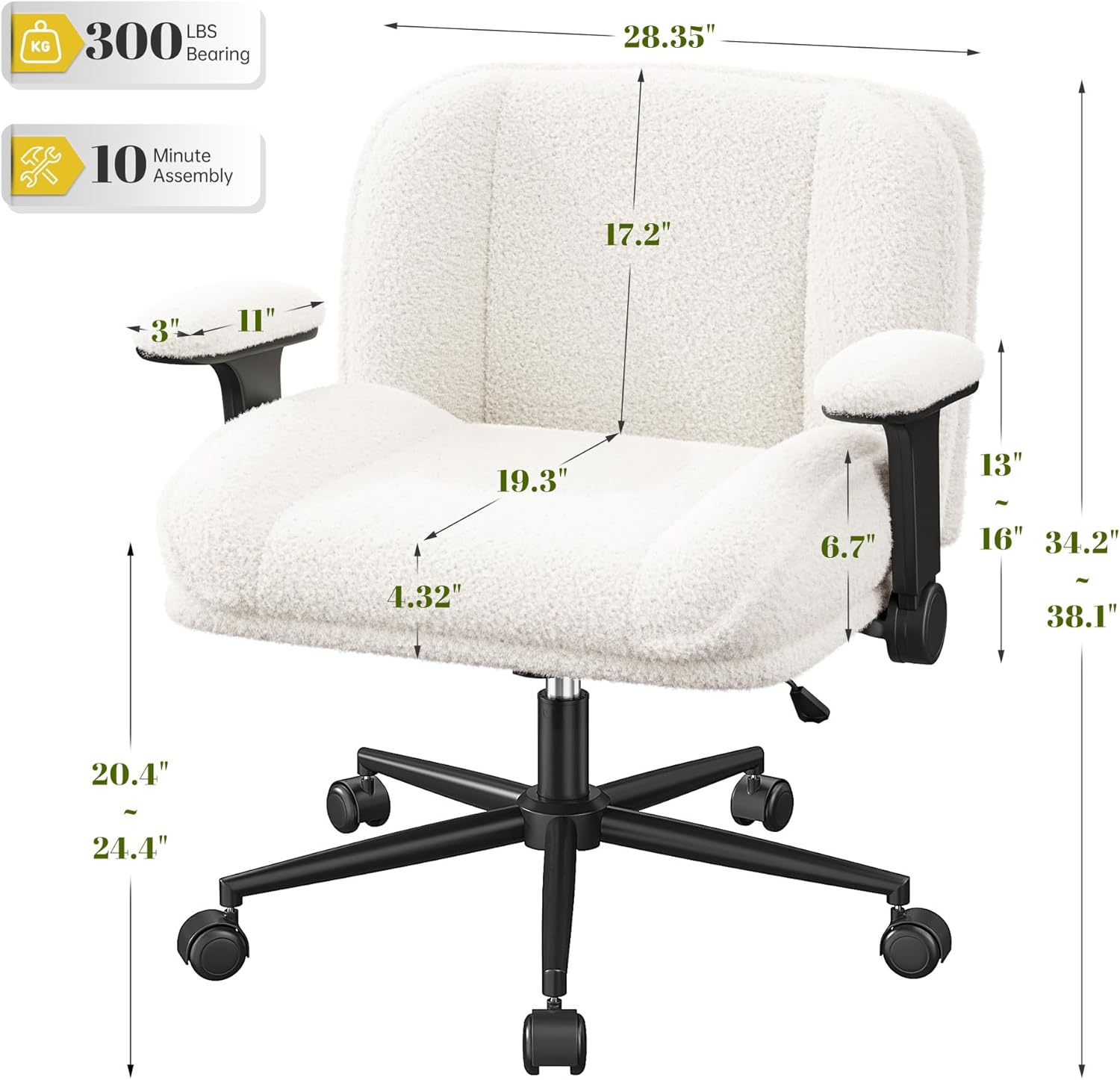 DurayLoly Criss Cross Chair with Wheels,Flip Up Arms,Wide Seat,Teddy Fleece,Adjustable Height,Cross Legged Desk Chair for Bedroom,Dorm,Home Office,White
