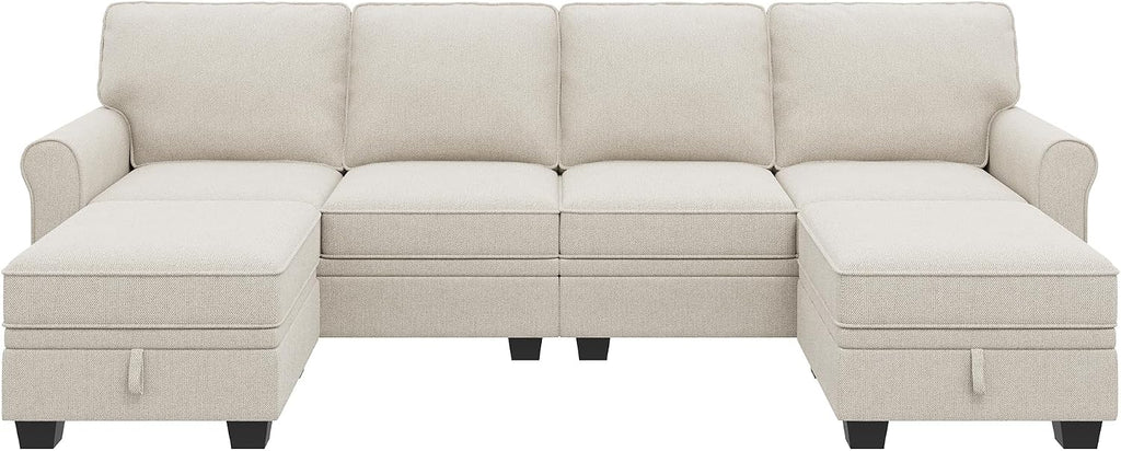 HONBAY Convertible Sectional Sofa with Storage U Shaped Sectional Couch with Reversible Chaise Small Sectional Couches for Living Room,Beige
