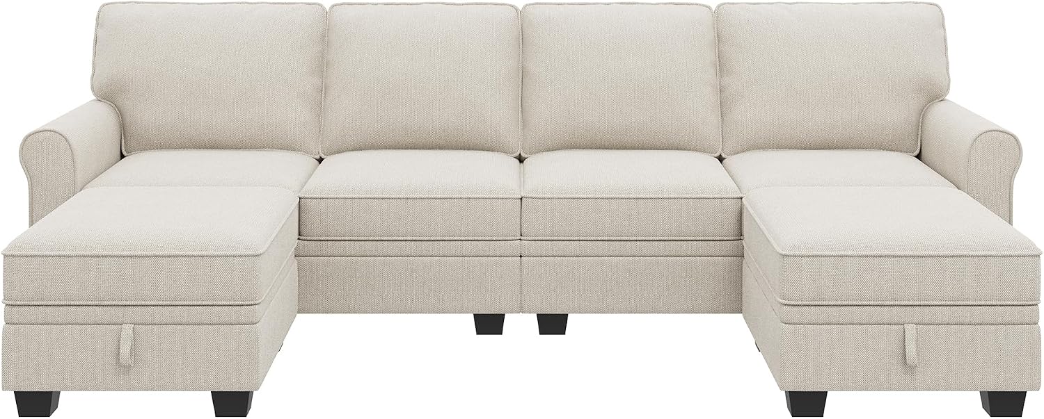 HONBAY Convertible Sectional Sofa with Storage U Shaped Sectional Couch with Reversible Chaise Small Sectional Couches for Living Room,Beige