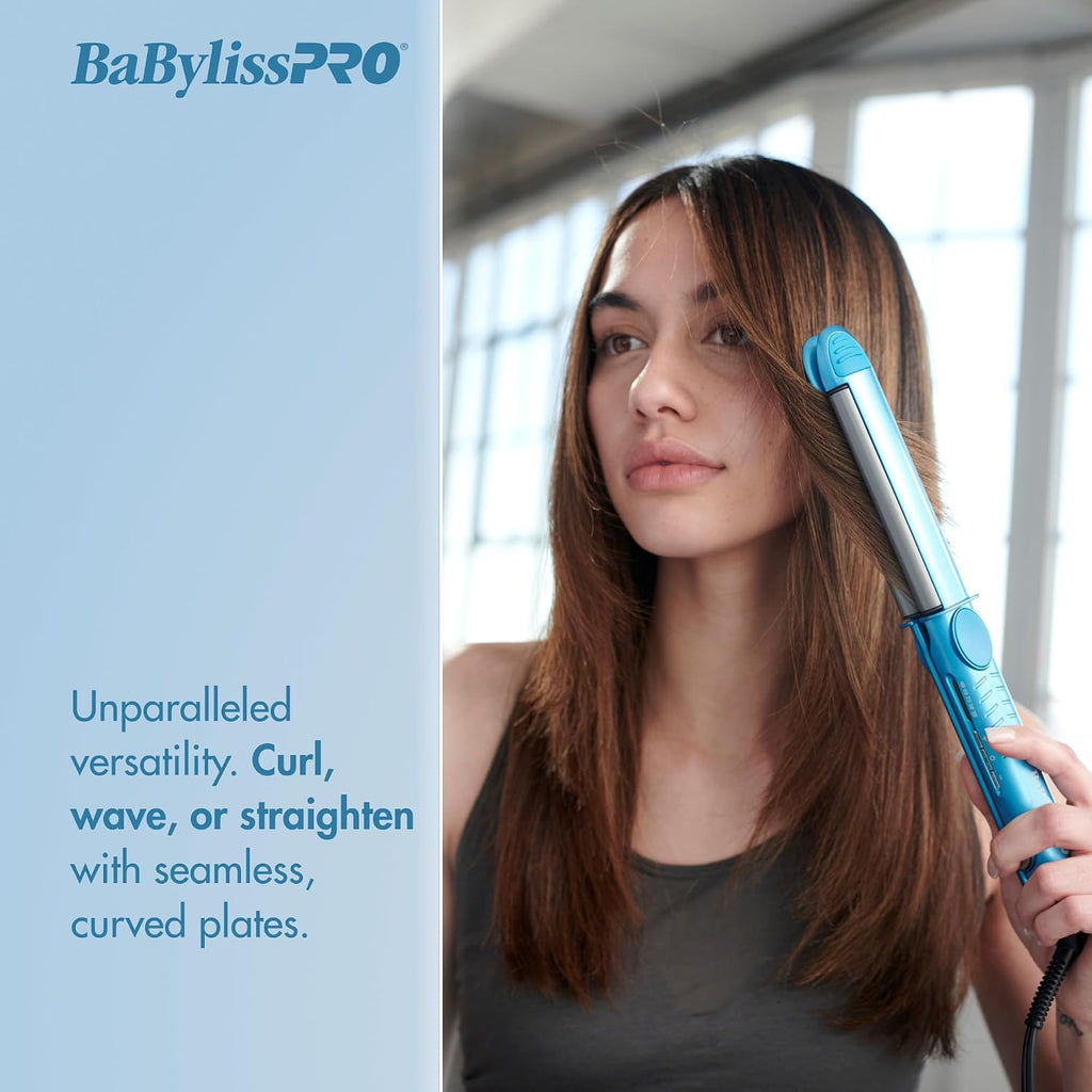 BaBylissPRO Nano Titanium Flat Iron Hair Straightener, 1' Curved Styler for Professional Salon Results and All Hair Types