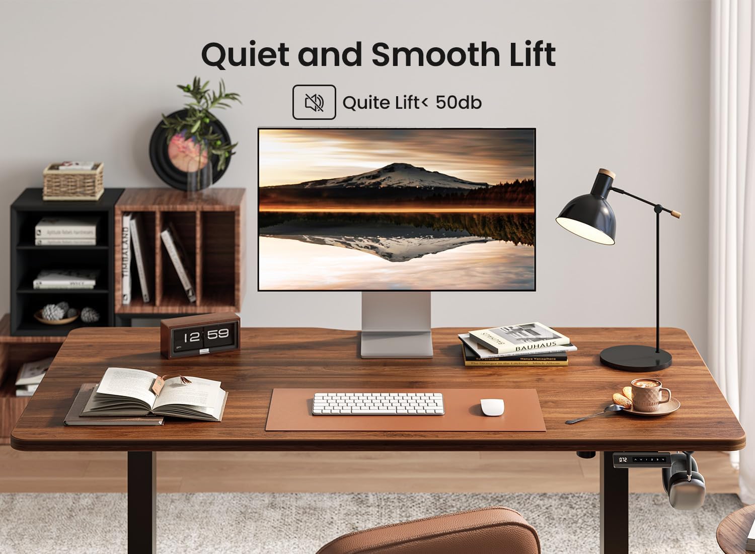 BANTI 55 × 24 Inches Standing Desk, Ergonomic, Electric Height Adjustable, Sit and Stand Up, Computer Office Desk with Splice Board, Black Frame/Black Walnut Top