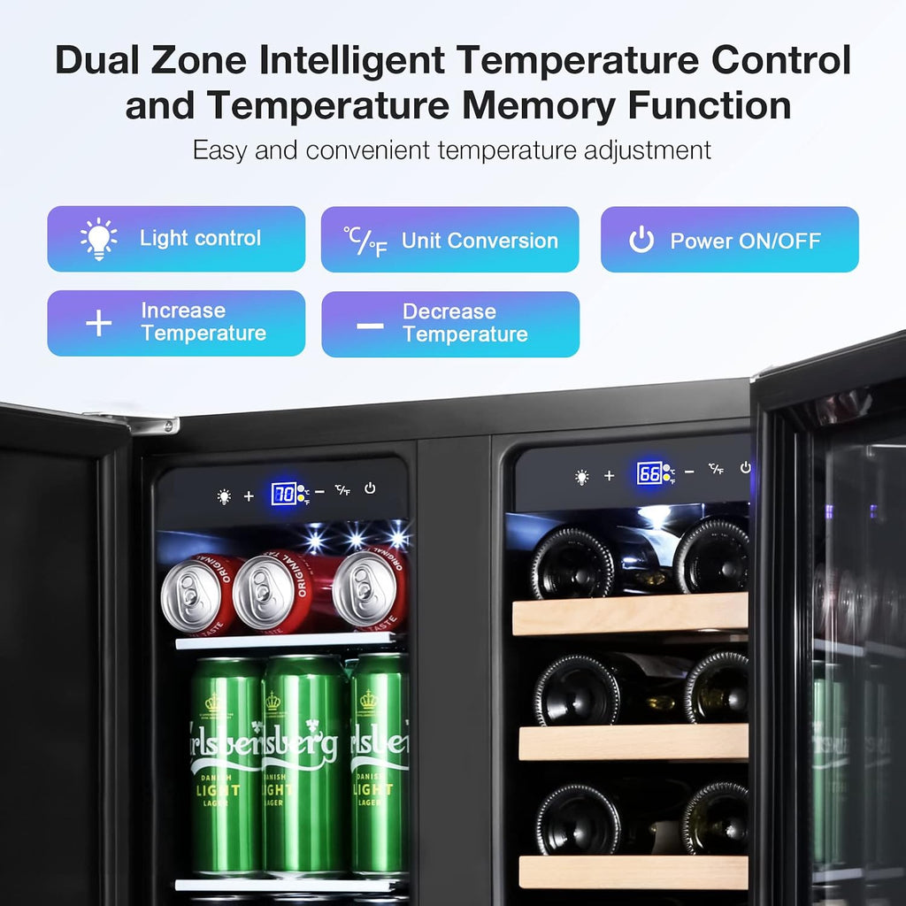 Tylza Wine and Beverage Refrigerator, 24 Inch Dual Zone Wine Beverage Cooler, Holds 20 Bottles and 88 Cans, Built-In and Freestanding, Seamless Glass Door, Under Counter Beer Wine Refrigerator