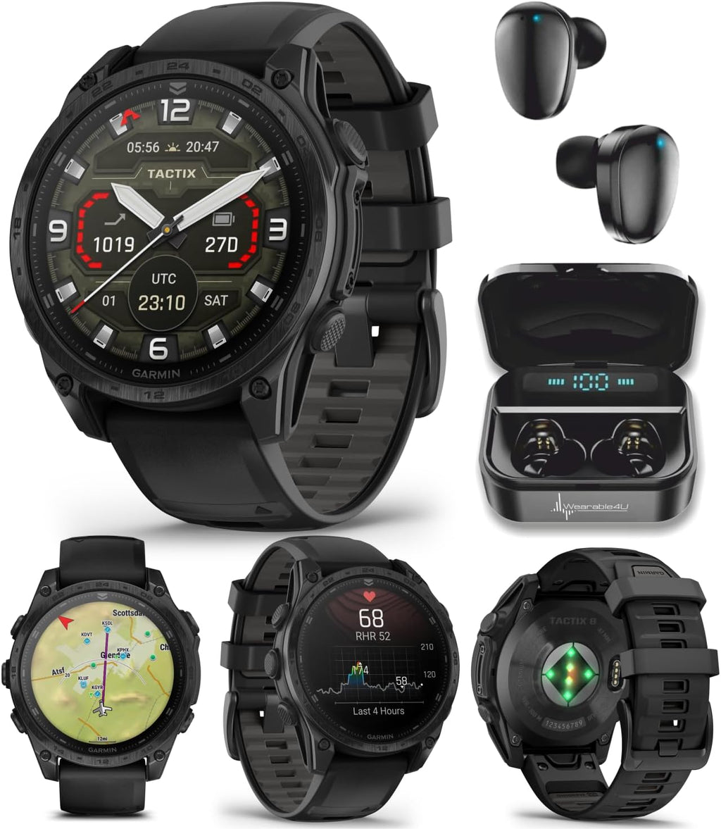 Garmin Tactix 8, 47mm AMOLED Display, Titanium Bezel, Sapphire Lens, Premium Tactical GPS Smartwatch, Includes Applied Ballistics Ultralight Solver, 40M Dive Rating, w/Wearable4U BlackEarbuds Bundle
