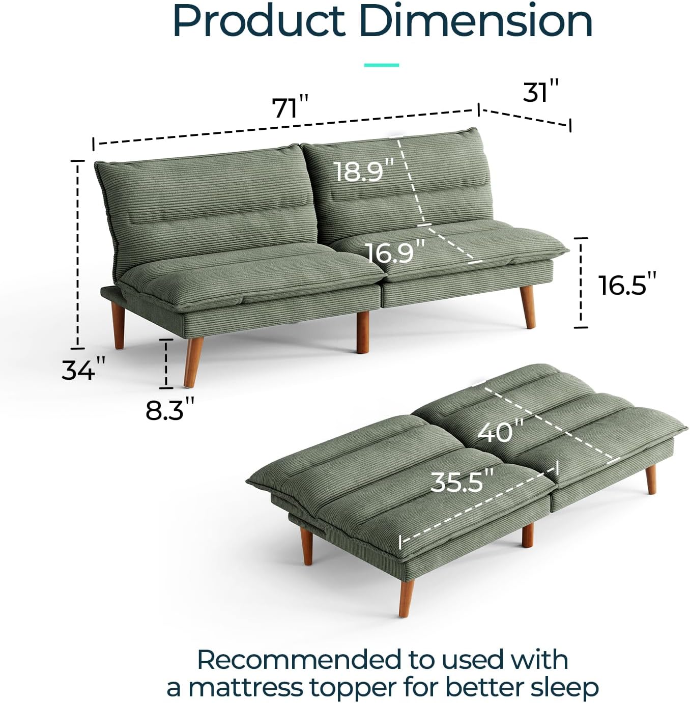 LINSY HOME Futon Sofa Bed - Convertible Corduroy Futon Couch Bed with Adjustable Backrest, Modern Small Loveseat Sleeper Sofa for Small Spaces, Living Room, Apartment or Office (Green)