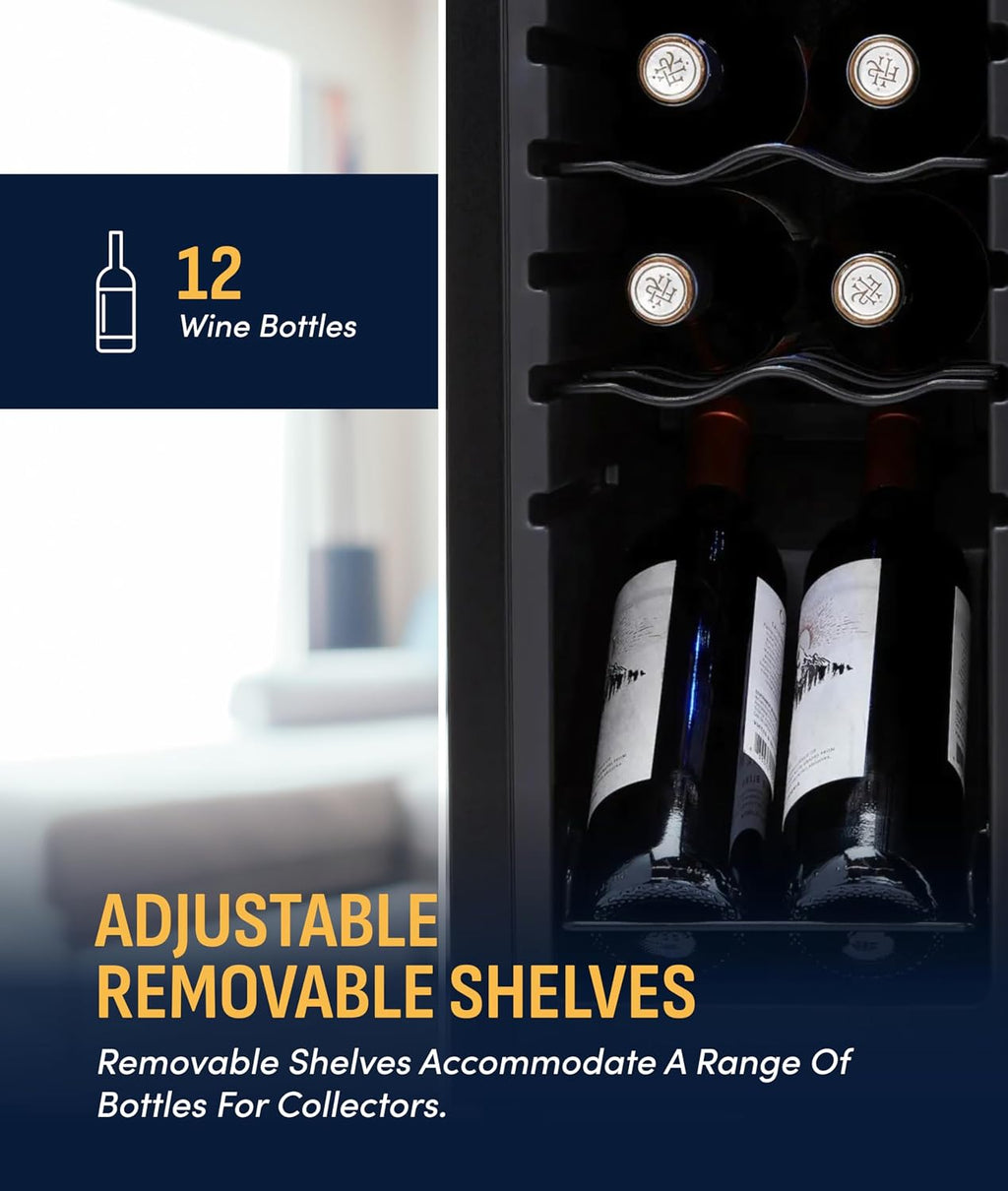 NewAir 10' Wine Fridge for 12 Bottles | Freestanding Wine Cooler Refrigerator with Glass Door | Compact Countertop Storage with Precision Cooling & Quiet Operation | Black