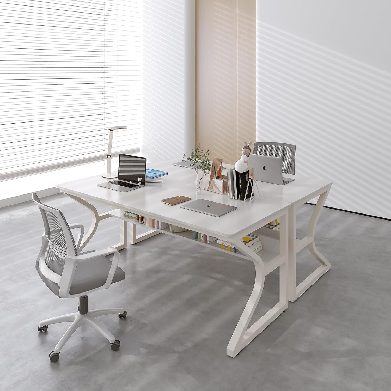 OSCHF Extra Long Desk with Bookshelf - 55' Double Long Writing Table for 2-Person Workstation, Modern Study Work Computer Desk for Home and Office, Warm White
