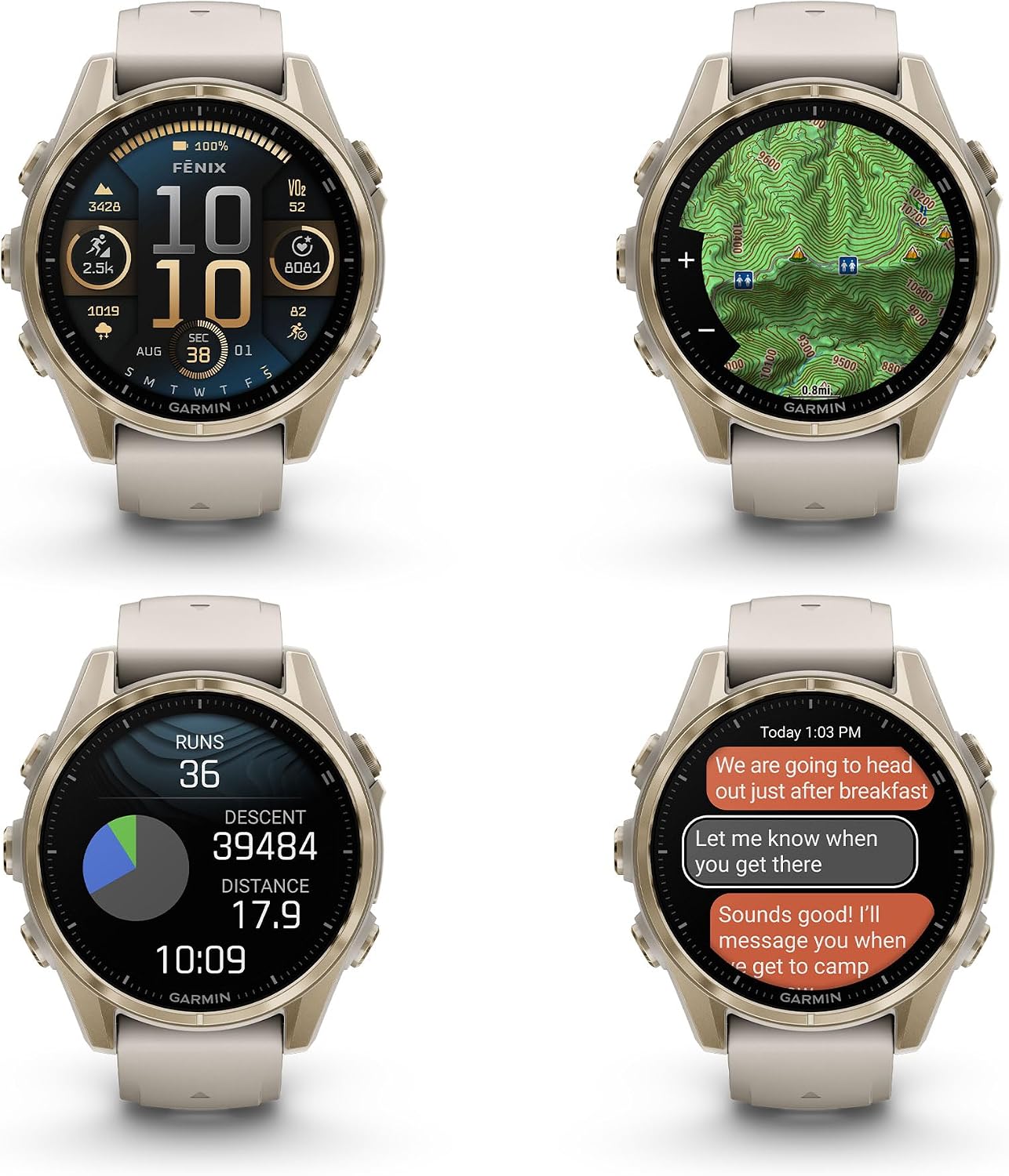 Garmin Fenix 8 43MM AMOLED Sapphire Premium Multisport GPS Smartwatch Soft Gold with Fog Gray/Sandstone Silicone Band, Built-in LED Flashlight Bundle with Accessories