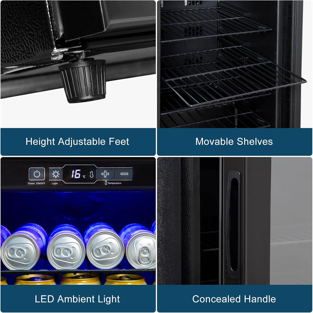 Cucina Magica Beverage Refrigerator 180 Can, Black Beer Fridge with Glass Door, 3.2 Cu Ft Mini Fridge for Drinks, Freestanding Cooler with Adjustable Shelves & Digital Temp Control